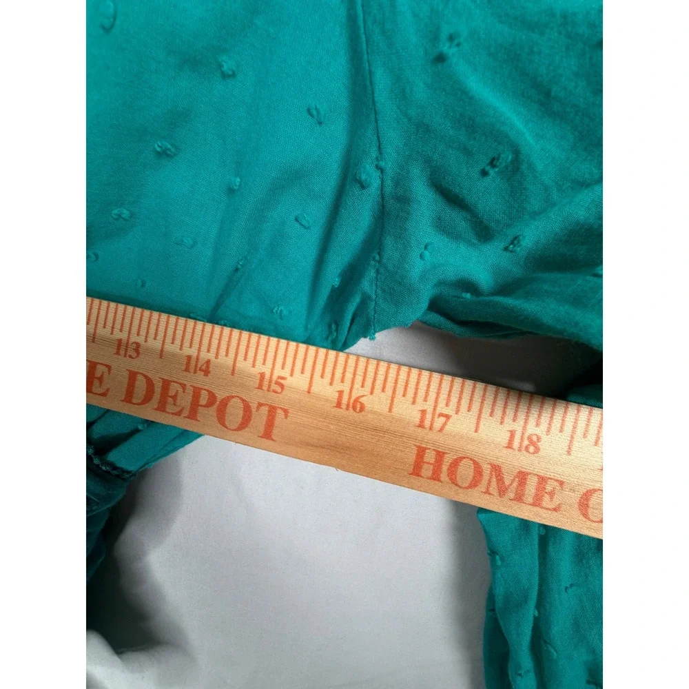 Farm Rio Anthropologie Wrap Top L Teal Green Swiss Dot Colorblock Puff Sleeve